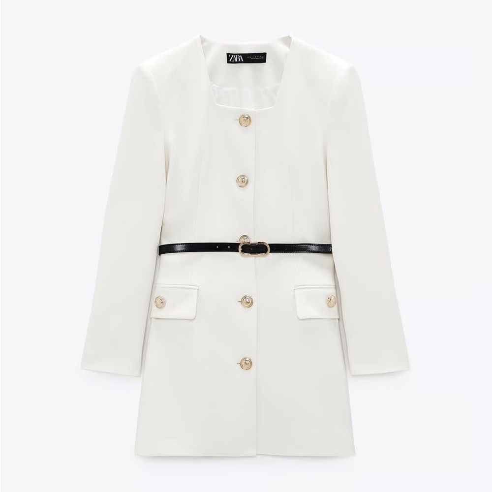 ZARA WHITE BELTED BLAZER DRESS
